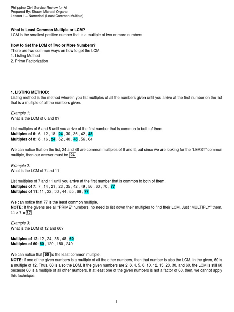 SMO Lesson 1 - Numerical - Least Common Multiple (LCM) | PDF ...