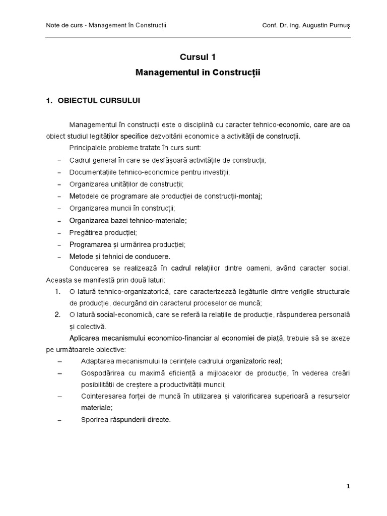 Management in Constructii - Curs 1 PDF | PDF
