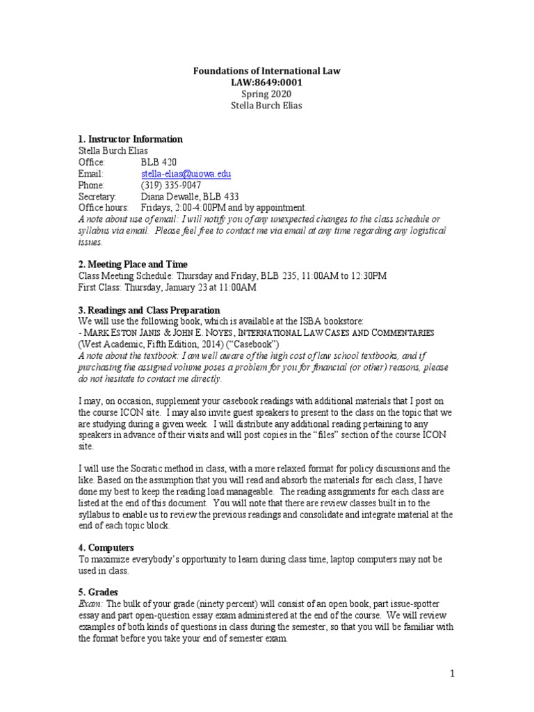 Elias Foundations of International Law Spring 2020 Course Outline and ...