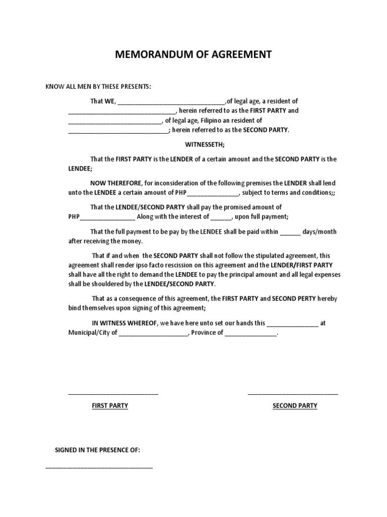Memorandum of Agreement | PDF | Civil Law (Legal System) | Business Law