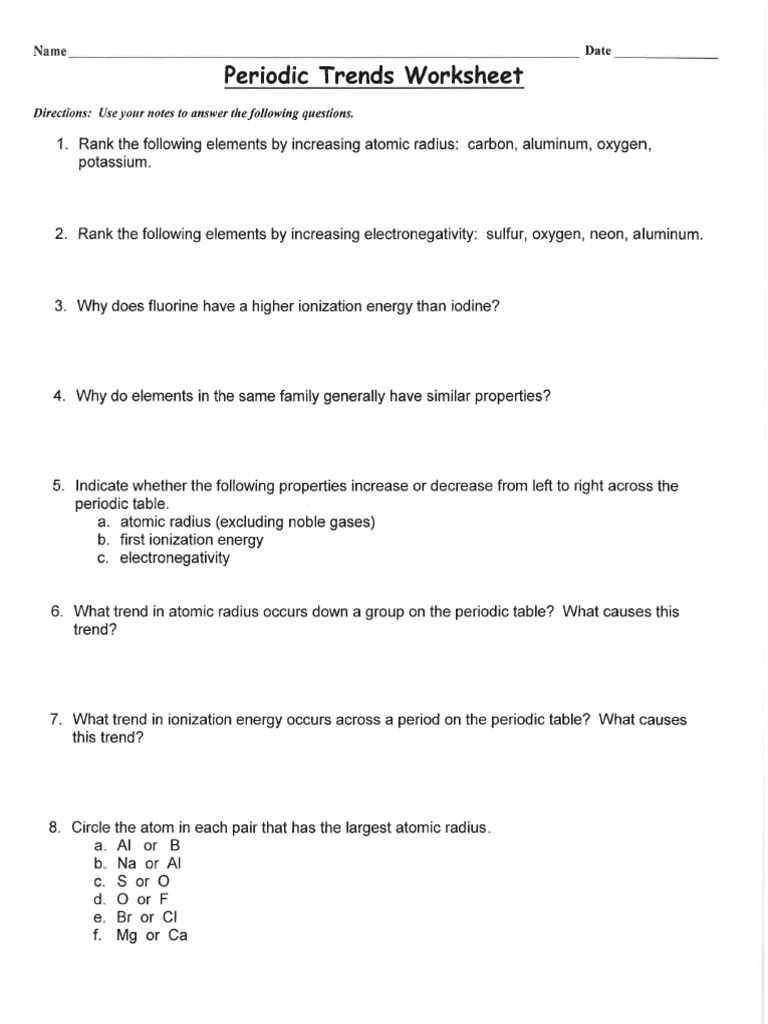 Periodic Trends TOTAL Review Practice 25 WITH KEY With Periodic Trends Worksheet Answer Key