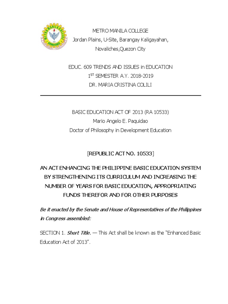 Basic Education Act of 2013 Report | PDF | Curriculum | Secondary Education