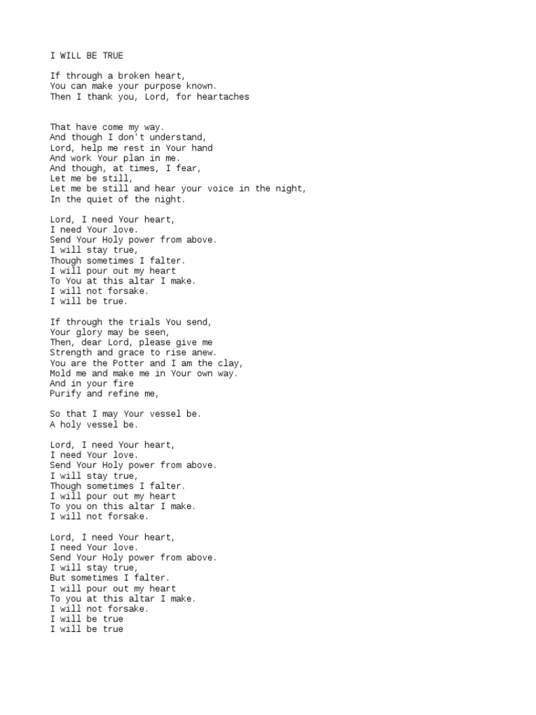 I Will Be True Lyrics