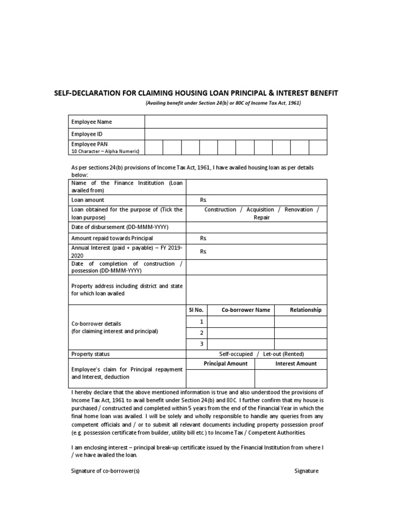 SELFDECLARATION FOR CLAIMING HOUSING LOAN PRINCIPAL & INTEREST BENEFIT