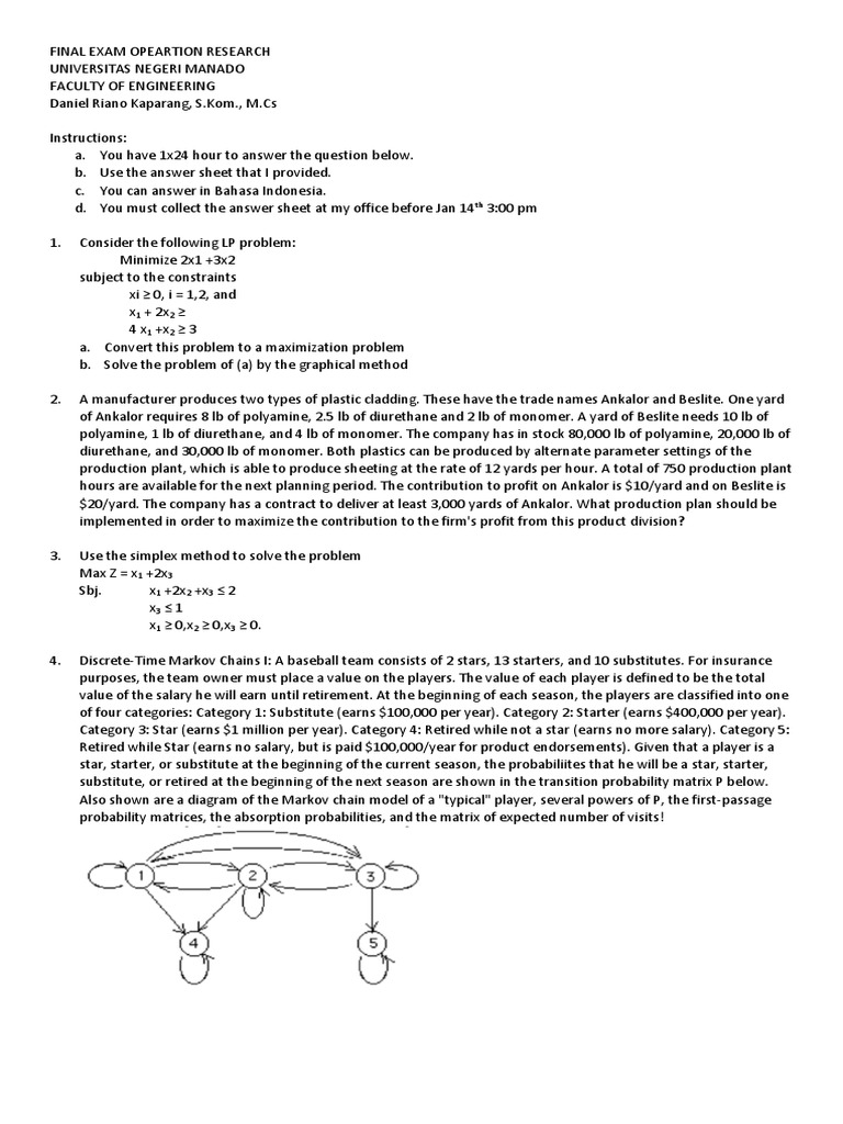 Final Exam Opeartion Research PDF Markov Chain Statistical Theory