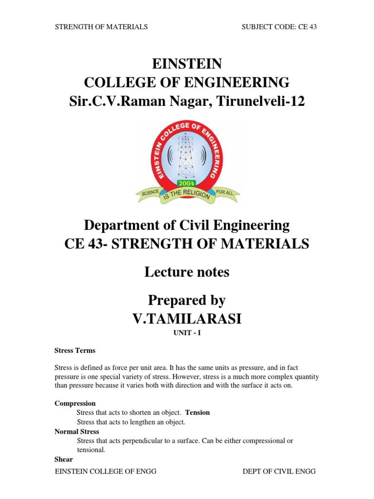 Strength of Materials CE 43 Notes | PDF | Deformation (Mechanics) | Bending