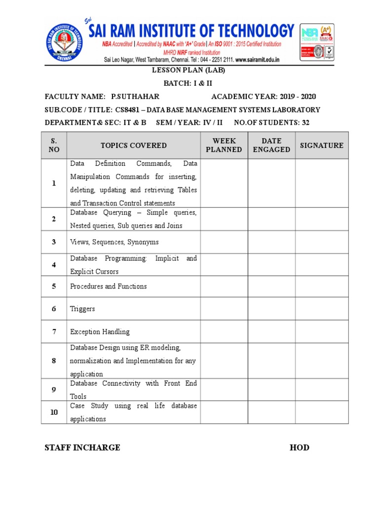 Lab Lesson Plan DBMS PDF