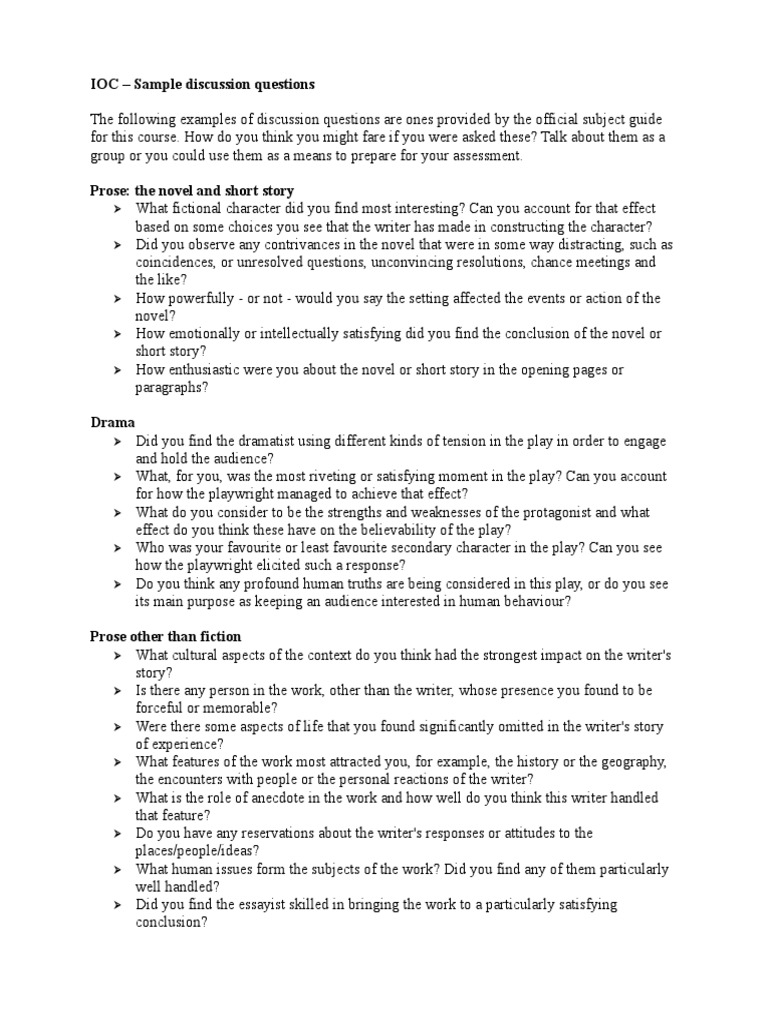 Ioc Sample Discussion Questions PDF Writers Novels