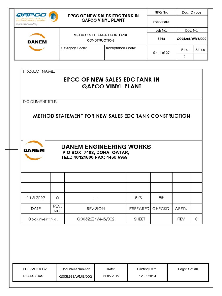QAPCOTANK METHOD STATEMENT2110519.docx Mechanical Engineering Metals