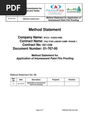 Method Statement Application Of Intumescent Paint Fire Proofing Pdf Personal Protective Equipment Safety