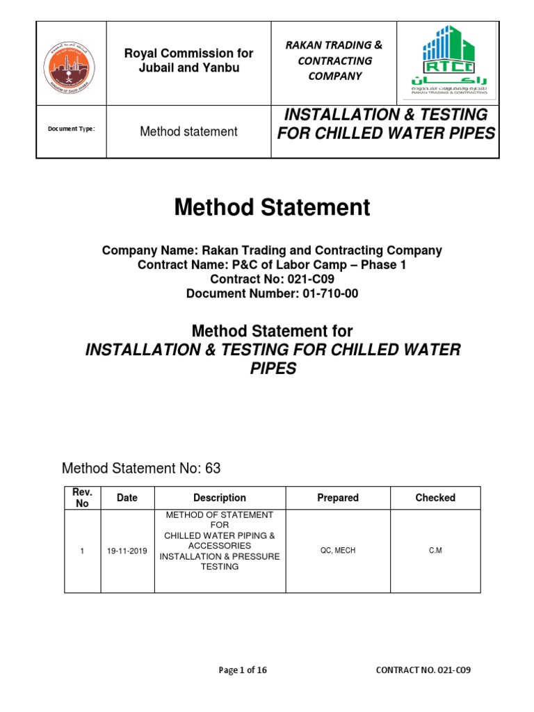 Method Statement For Installation of Chiller Pipe PDF Pipe (Fluid