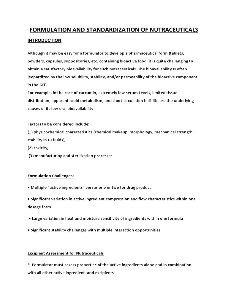 Formulation and Standardization of Nutraceuticals | PDF ...