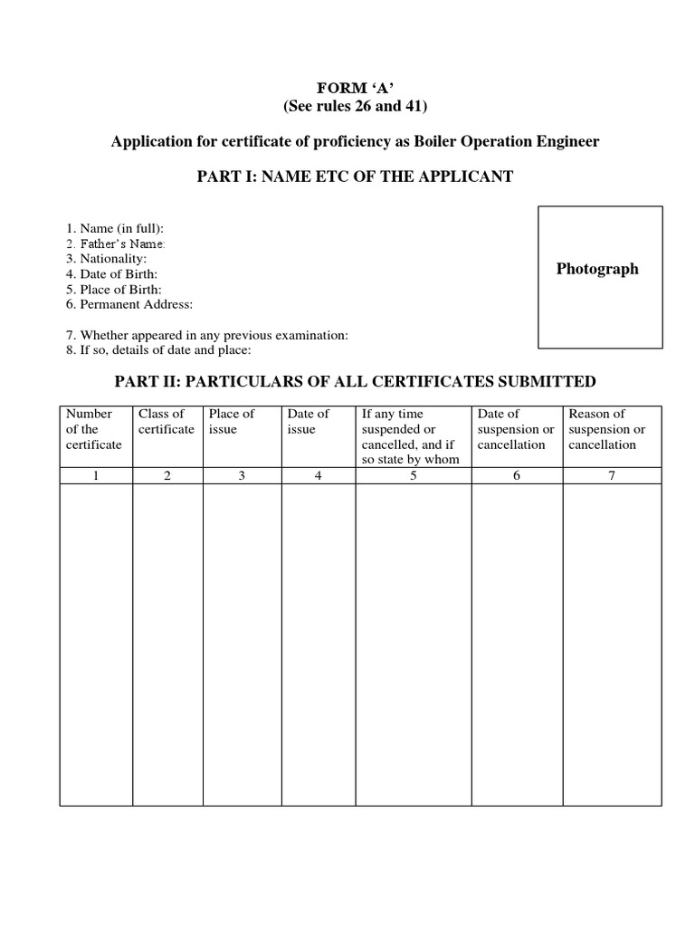 Application For Certificate of Proficiency As Boiler Operation Engineer