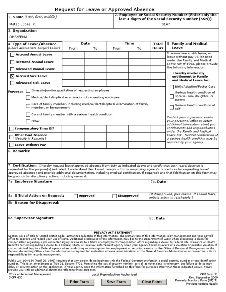 SF71 Rev 2009 | PDF | Sick Leave | Social Security Number