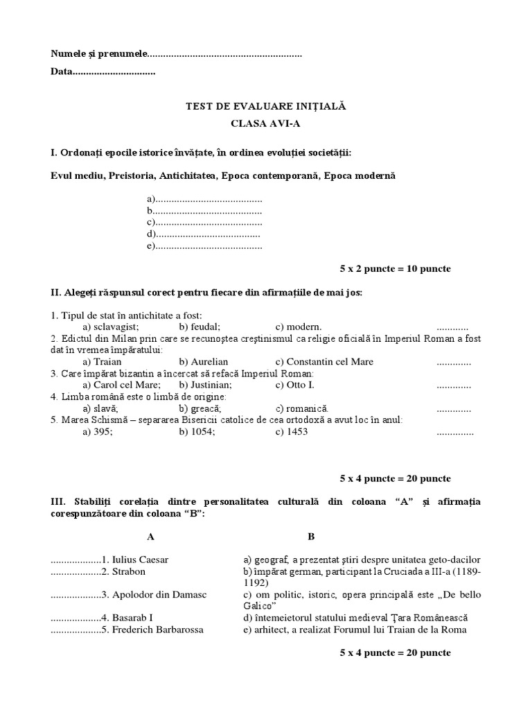 Test de Evaluare Initiala VI 1 | PDF