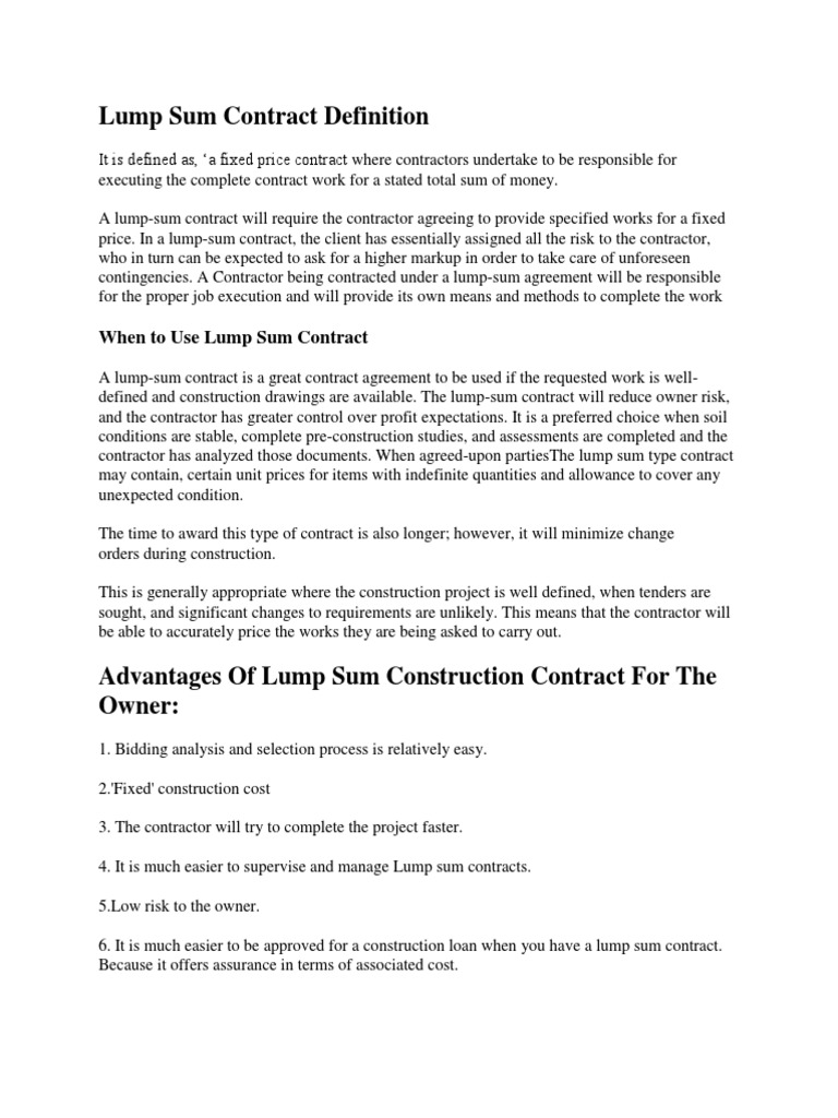 Lump Sum Contract Pdf Business Law Economies