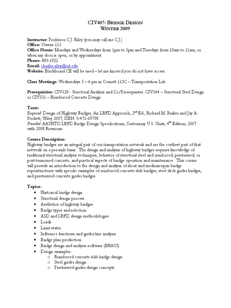 Civ407 Bridge Design Syllabus Pdf Bridge Prestressed Concrete