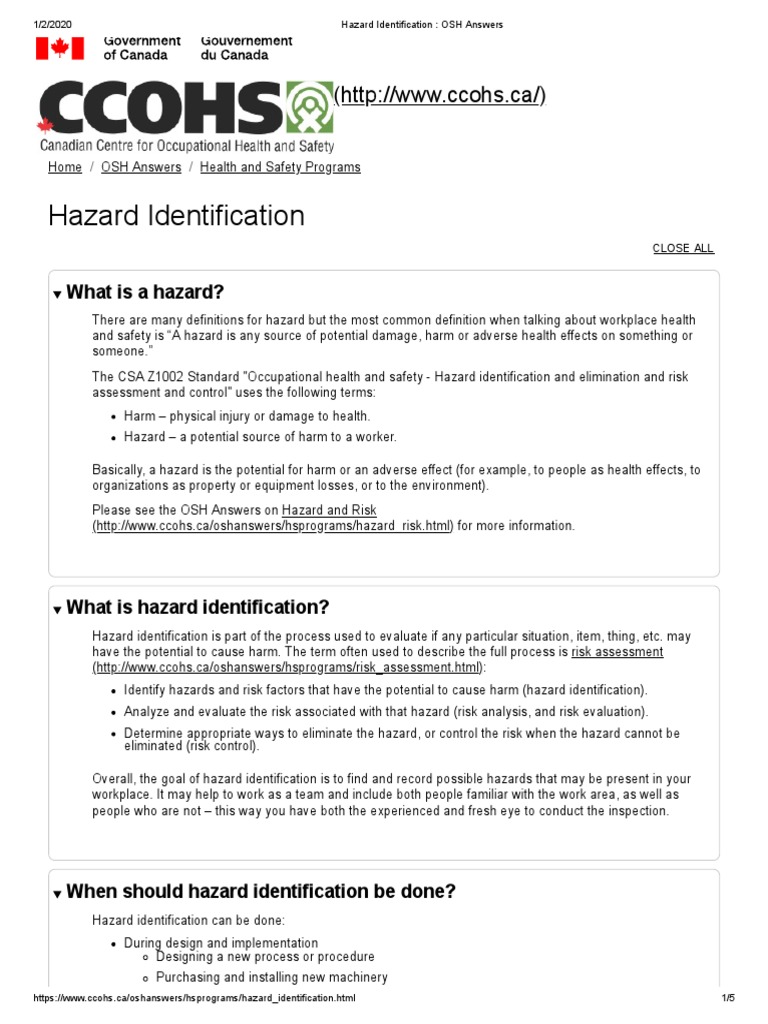 Hazard Identification OSH Answers PDF Hazards Occupational