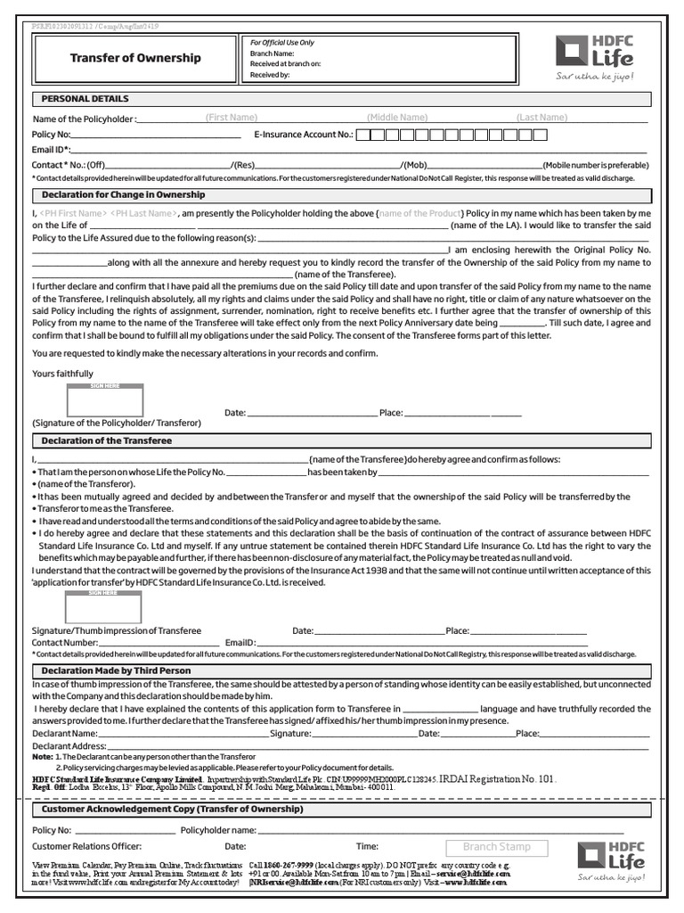 Transfer of Ownership PDF PDF Life Insurance Insurance