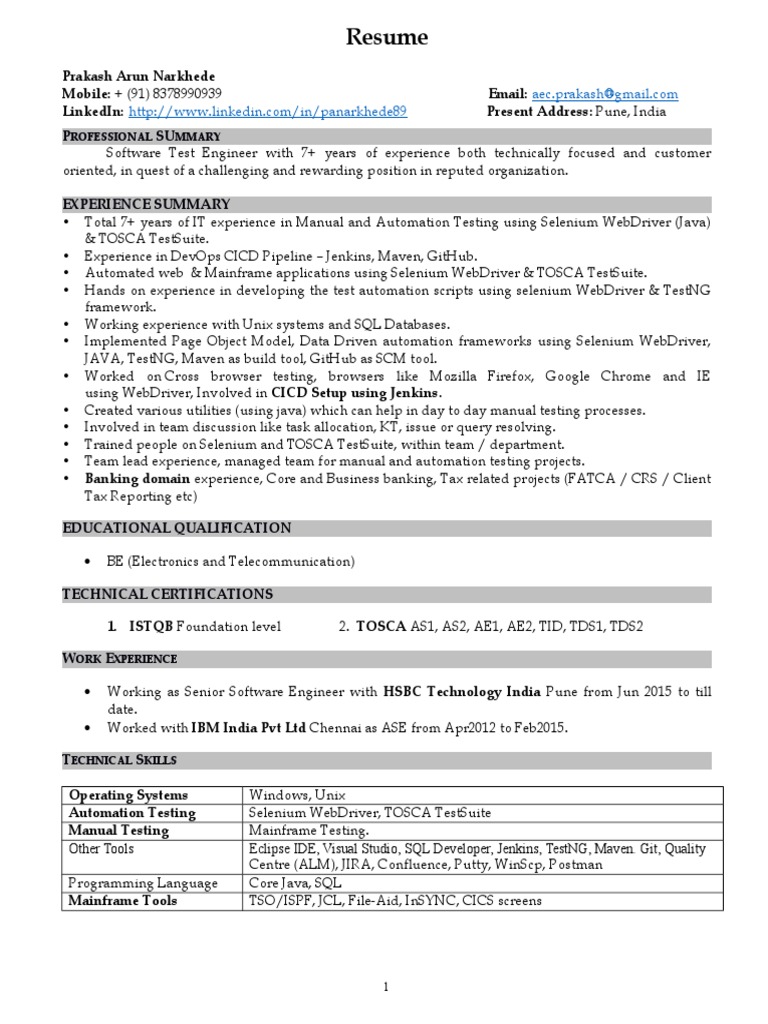 Tosca Automation Engineer Resume | PDF | Selenium (Software) | Software ...