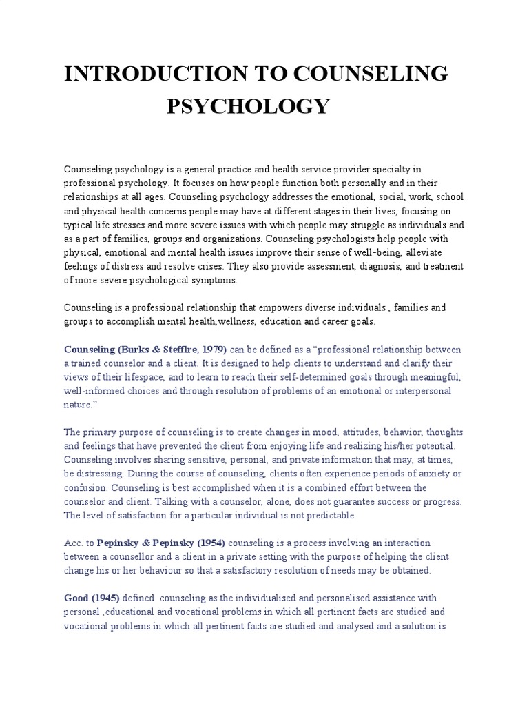 INTRO TO COUNSELLING Counseling Psychology Psychotherapy