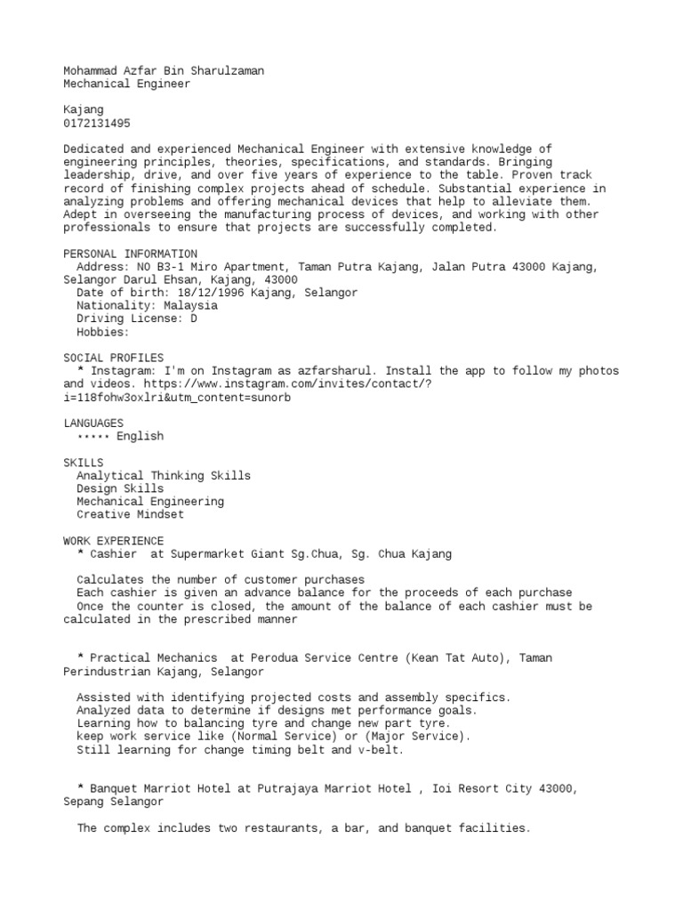 Azfar Sharul Resume Mechanical Engineer Pdf Engineering