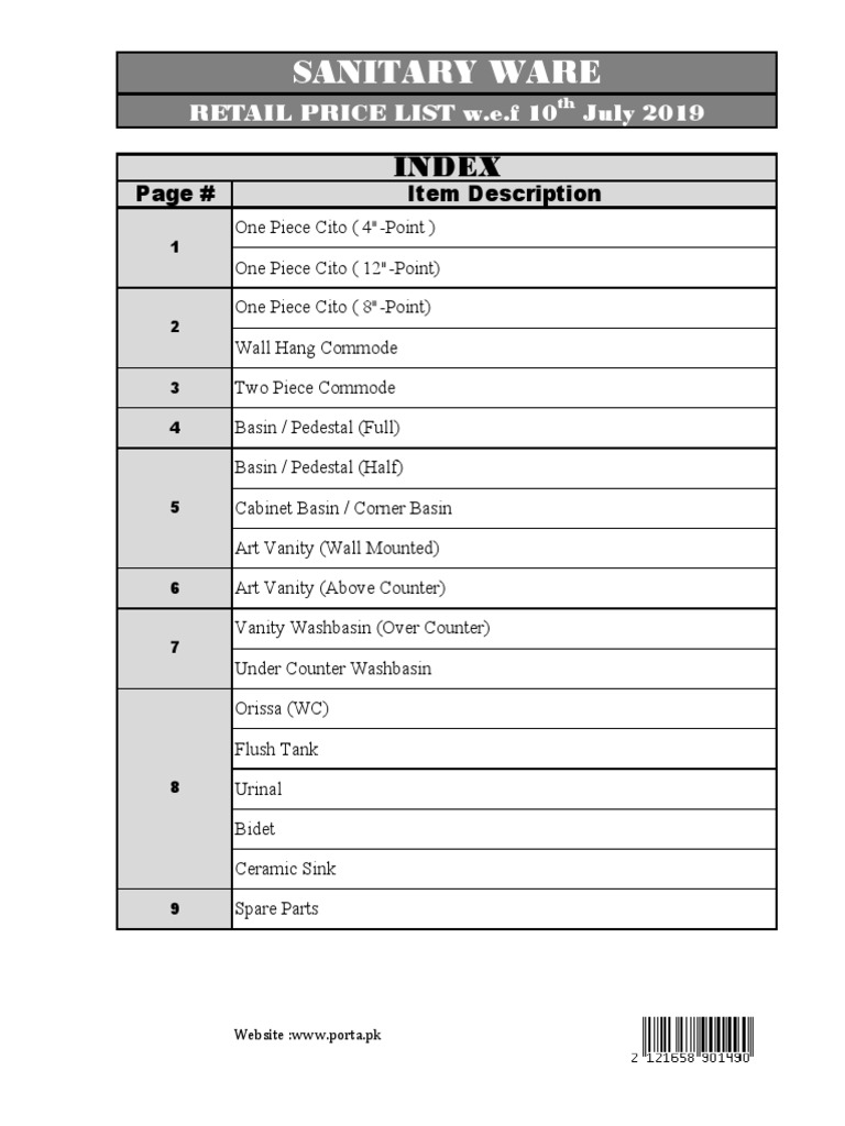 PORTA SANITARY WARE PRICE LIST pdf Decorative Arts Home Appliance 