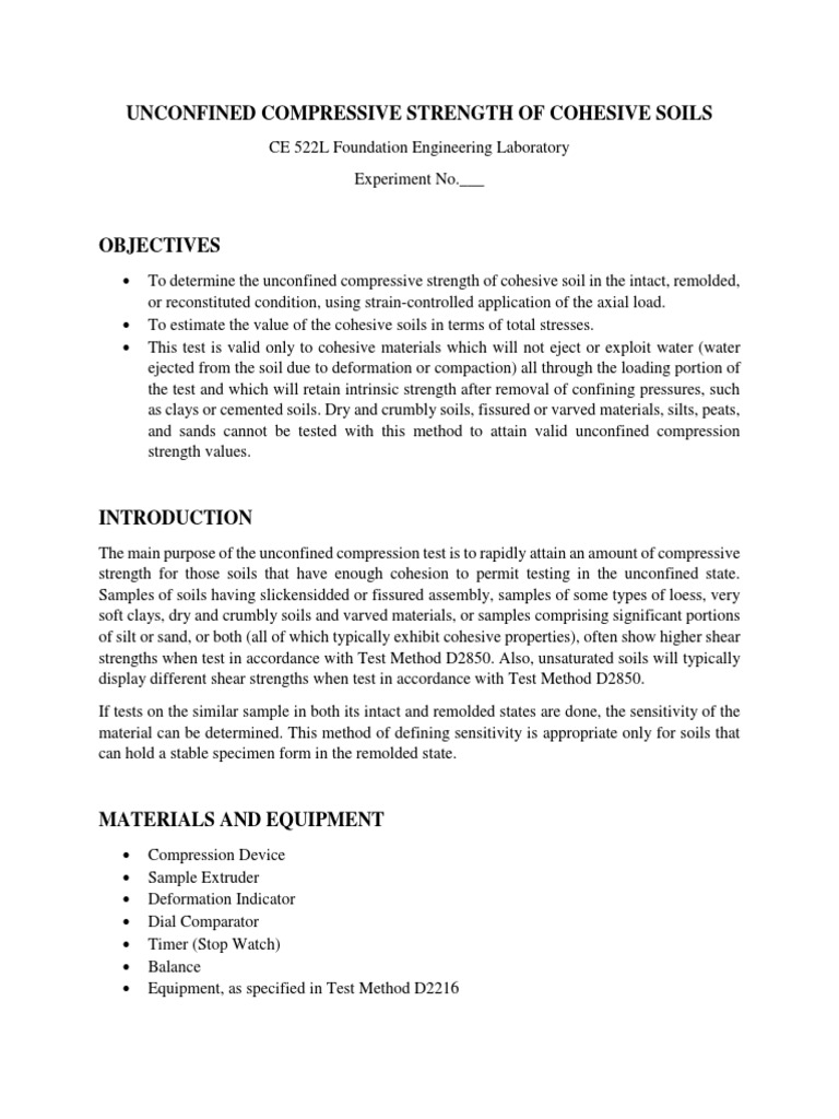 Unconfined Compressive Strength of Soils | PDF | Strength Of Materials ...