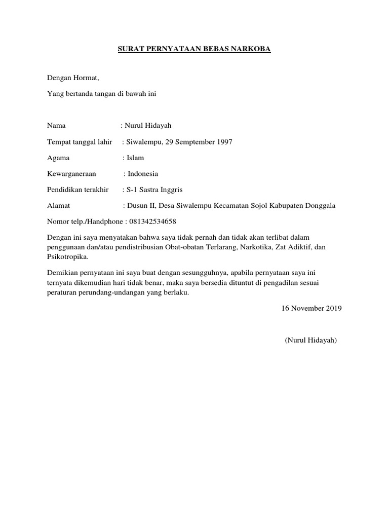 Contoh Surat Pernyataan Bebas Narkoba | PDF