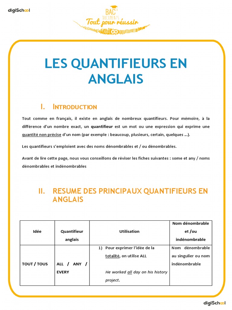 Exercice Sur Les Quantifieurs En Anglais Bac Les Quantifieurs Anglais Tle | PDF | Typologie linguistique | Grammaire