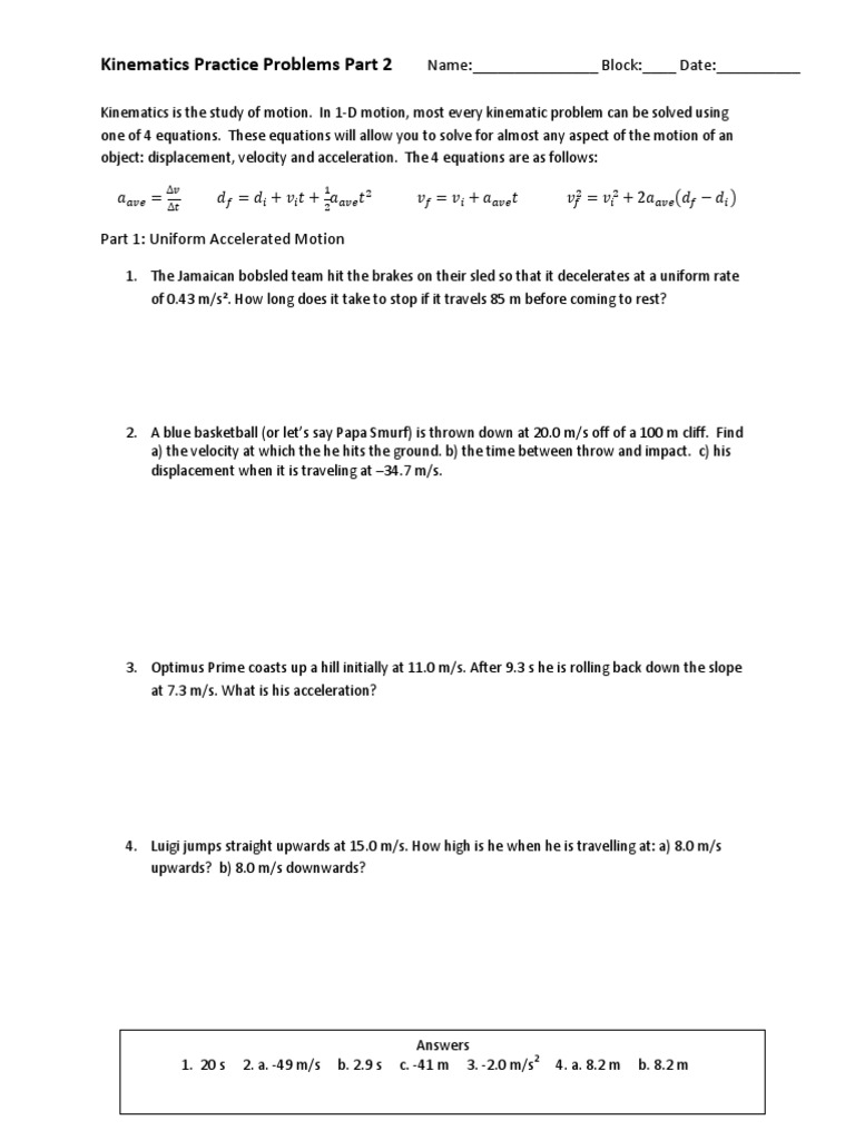 Kinematics Worksheet Part 2 | PDF