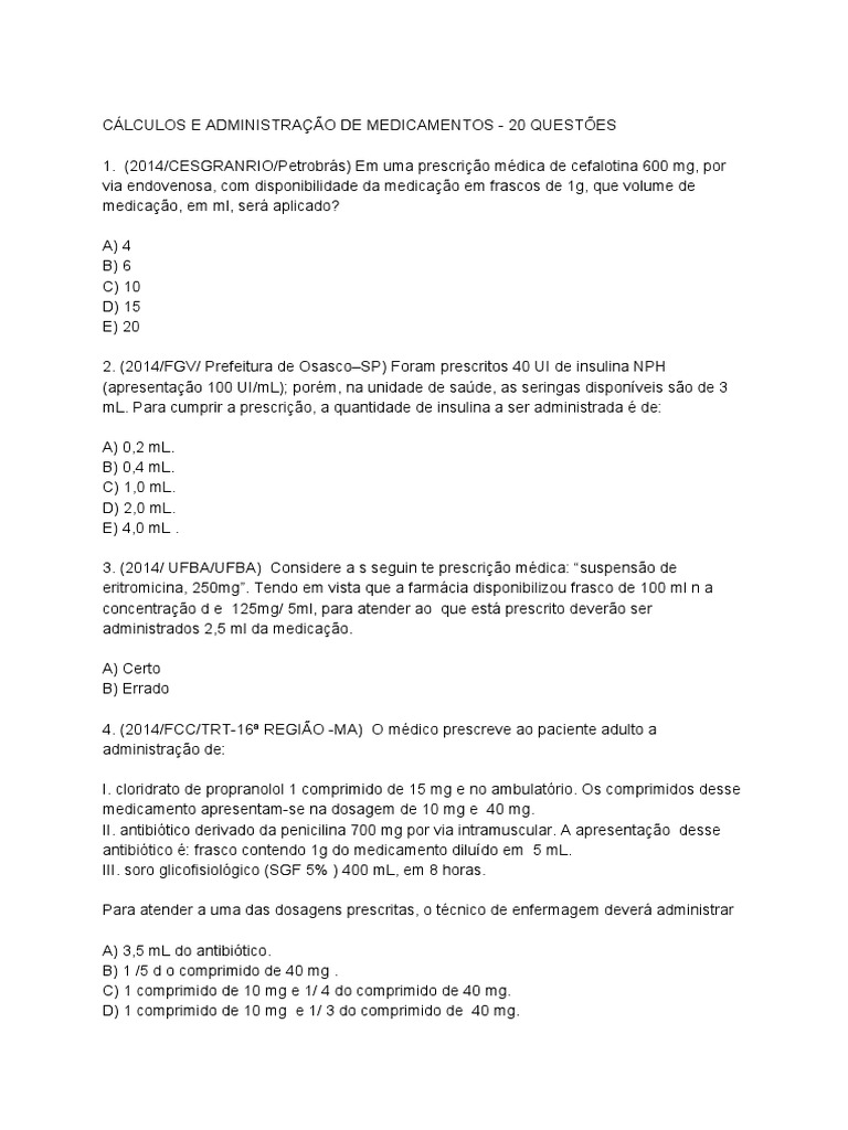 Cálculos e Administração de Medicamentos - 20 Questões | PDF ...