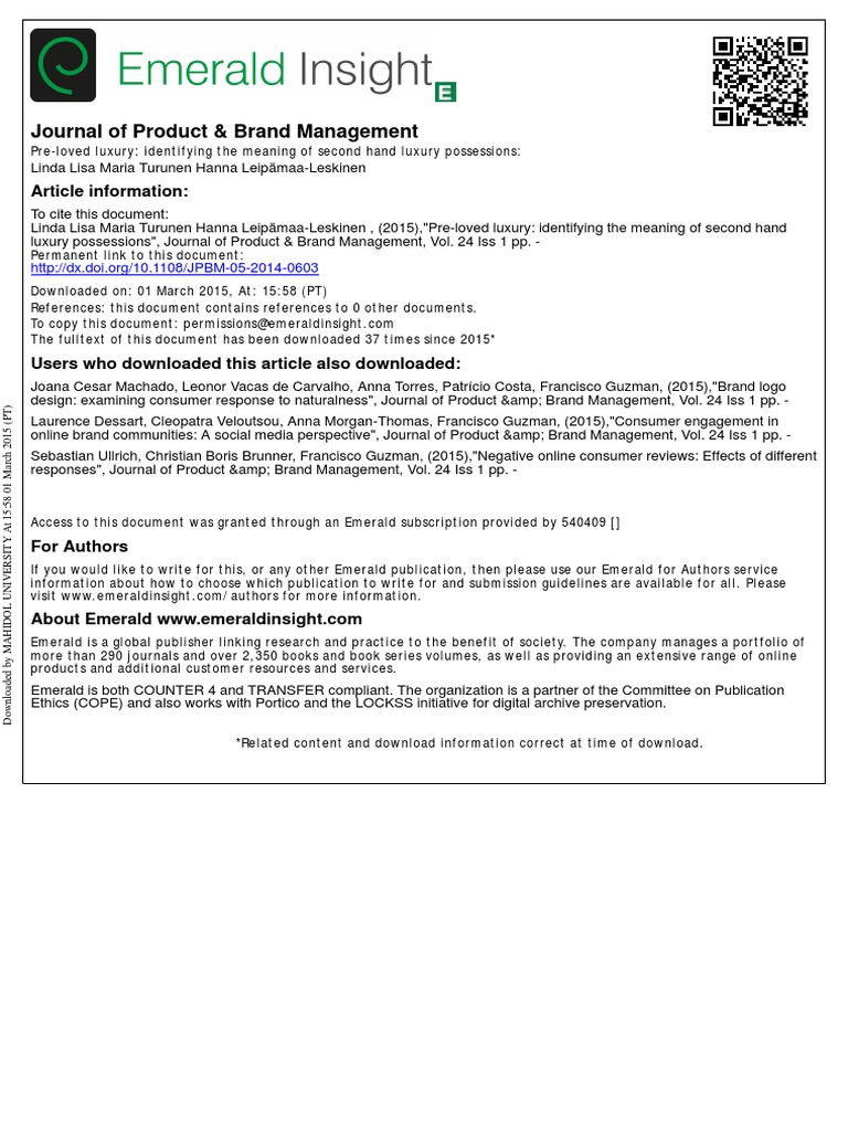 Pre-Loved Luxury - Identifying The Meanings of Second-Hand Luxury Possessions  PDF  Luxury 