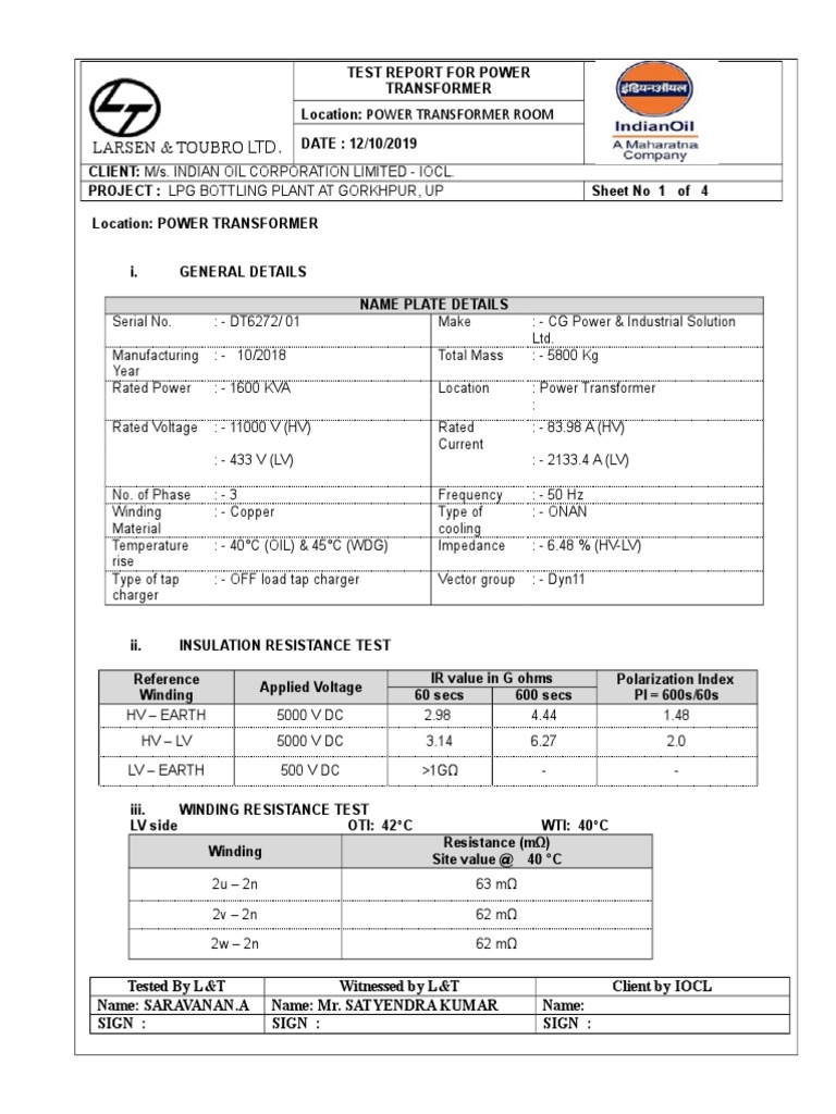 Power Transformer Test Report - IOCL | PDF | Transformer | Power ...