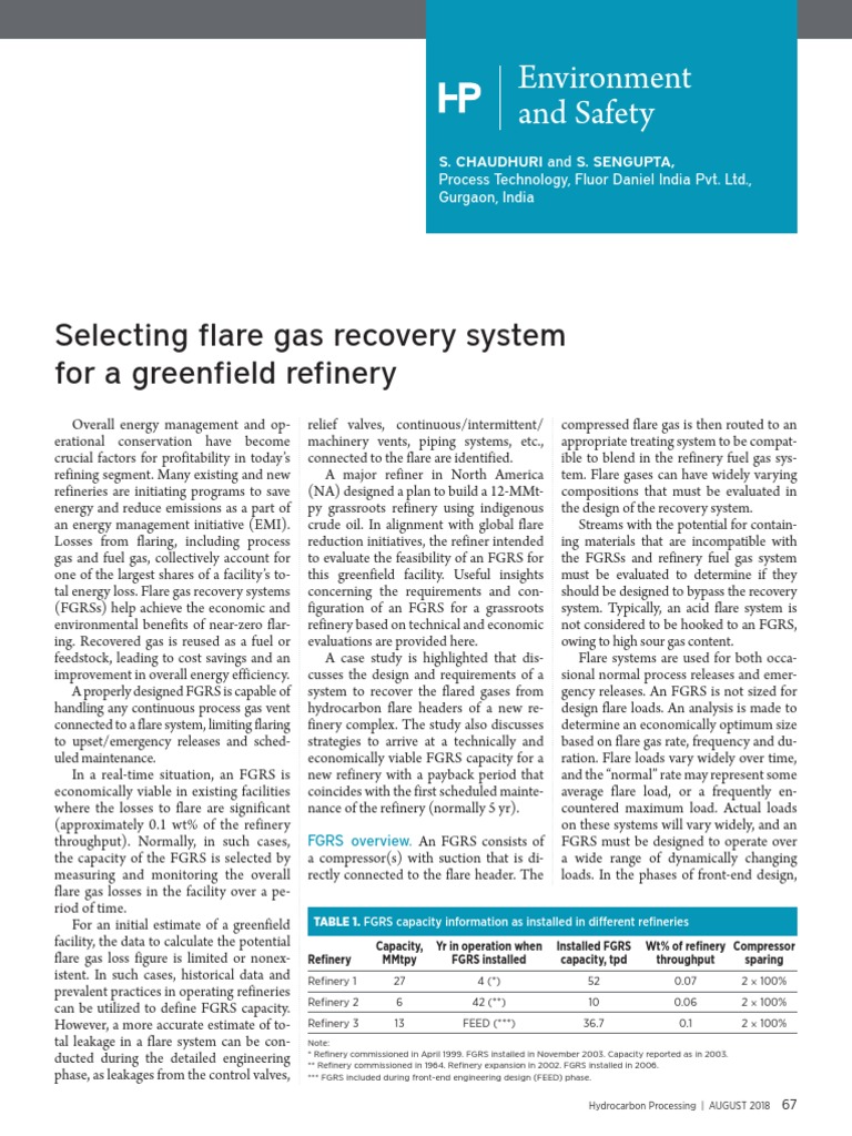 Selecting Flare Gas Recovery System For A Greenfield Refinery