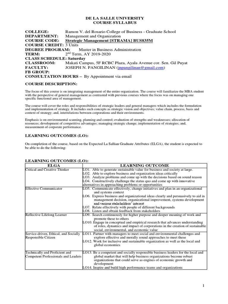 DLSU MBA Strategic Management Syllabus | PDF | Strategic Management ...