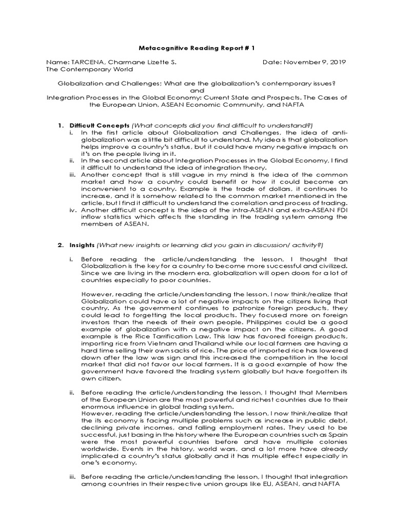 Metacognitive Reading Report 1 | PDF | Association Of Southeast Asian ...