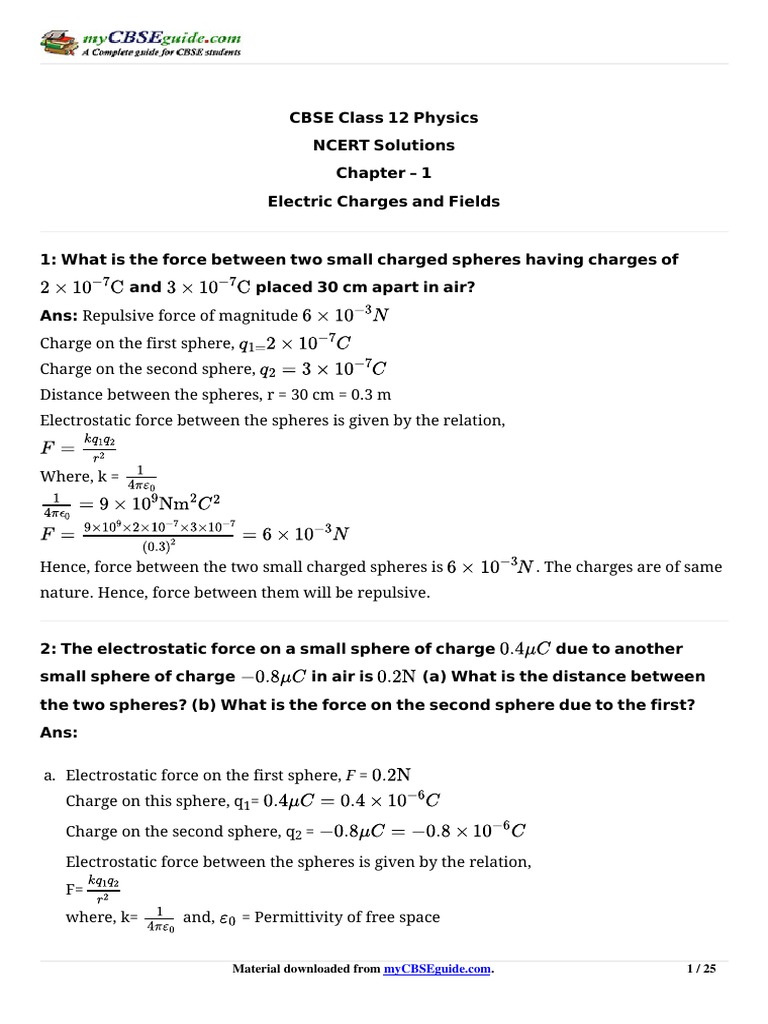 12 Physics Ncert ch01 Electric Charges and Field Part 1 Ques | PDF ...