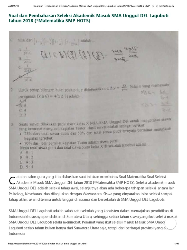 Soal Dan Pembahasan Seleksi Akademik Masuk Sma Unggul Del Laguboti Tahun 2018 Matematika Smp Hots Www Defantri Com 1