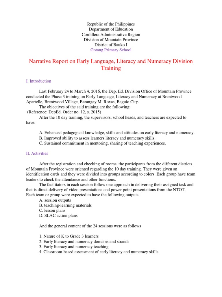 ELLN Training Narrative Report | PDF | Literacy | Lesson Plan
