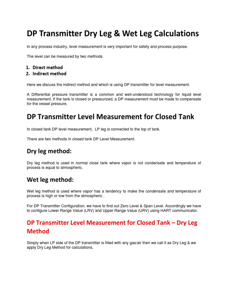 Level Tranmitter Dry Leg Wet Leg Calibration Calulation PDF