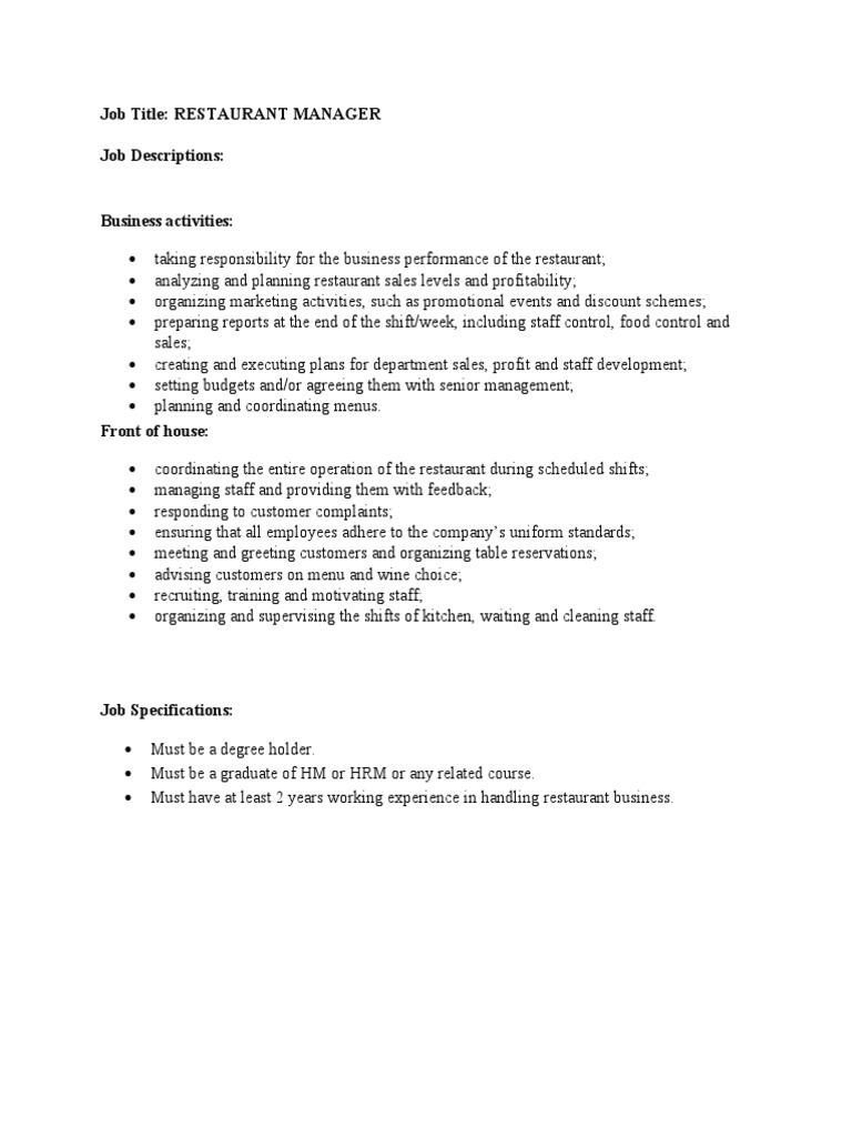 Job Title Restaurant Manager Job Descriptions PDF Bar