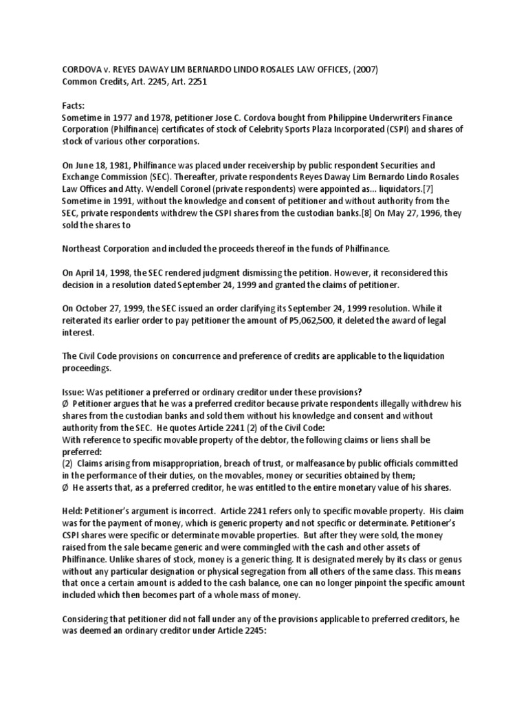 Determining Creditor Status in Liquidation Proceedings Cordova v. Reyes Daway Lim Bernardo