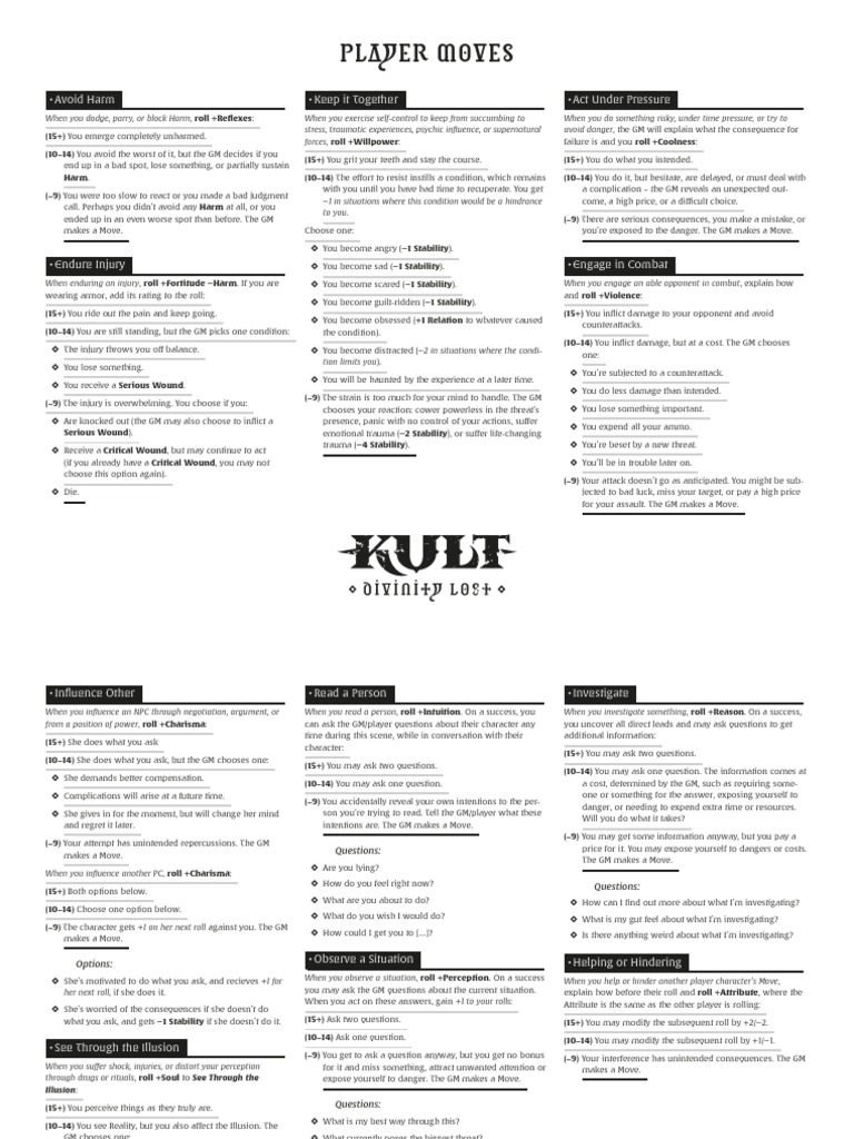 KULT Divinity Lost Reference Sheet Player Moves PDF | PDF | Illusion ...