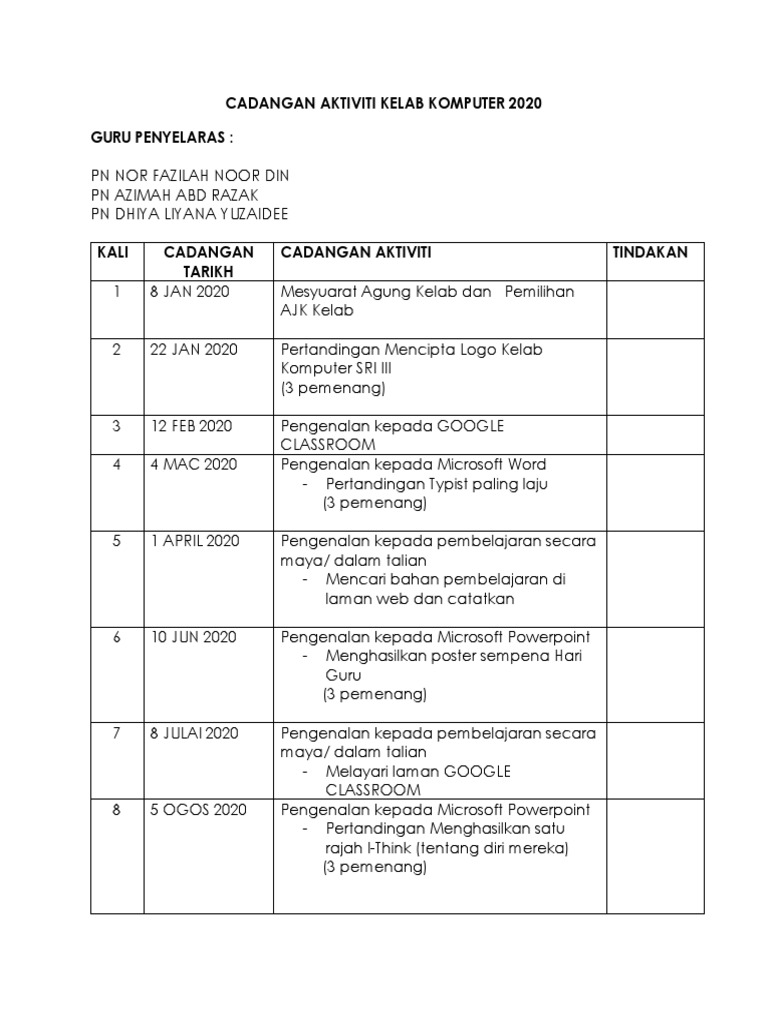 Cadangan Aktiviti Kelab Komputer 2020