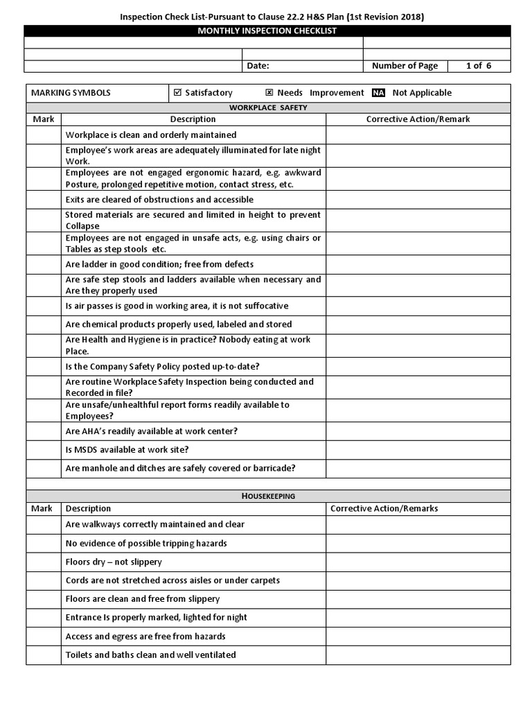 Monthly Workplace Safety Inspection Checklist | PDF | Personal ...