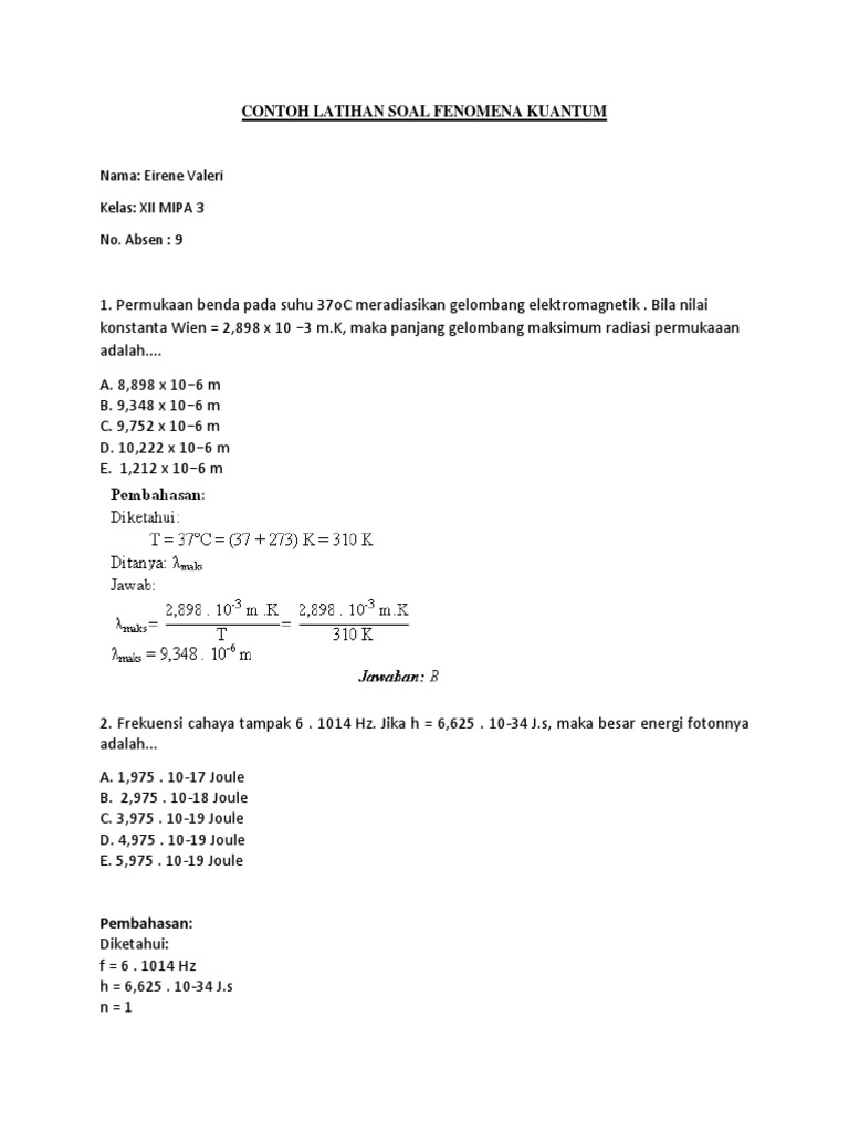 Contoh Latihan Soal Fenomena Kuantum