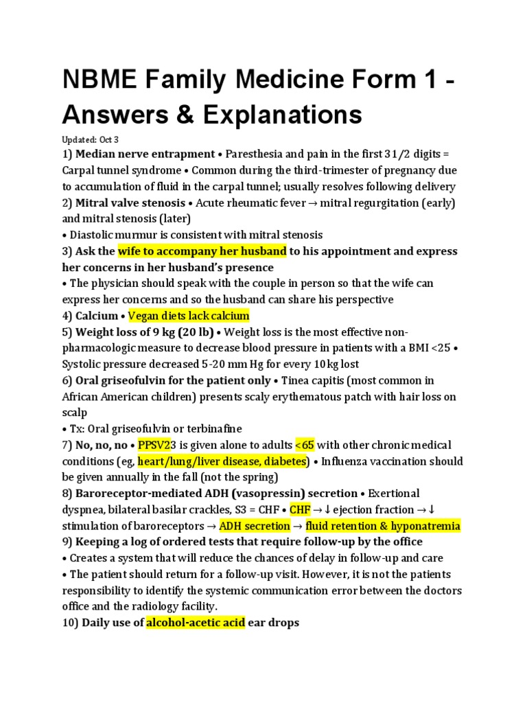 NBME Family Medicine Form 1 Answers | PDF | Heart Failure | Urinary ...
