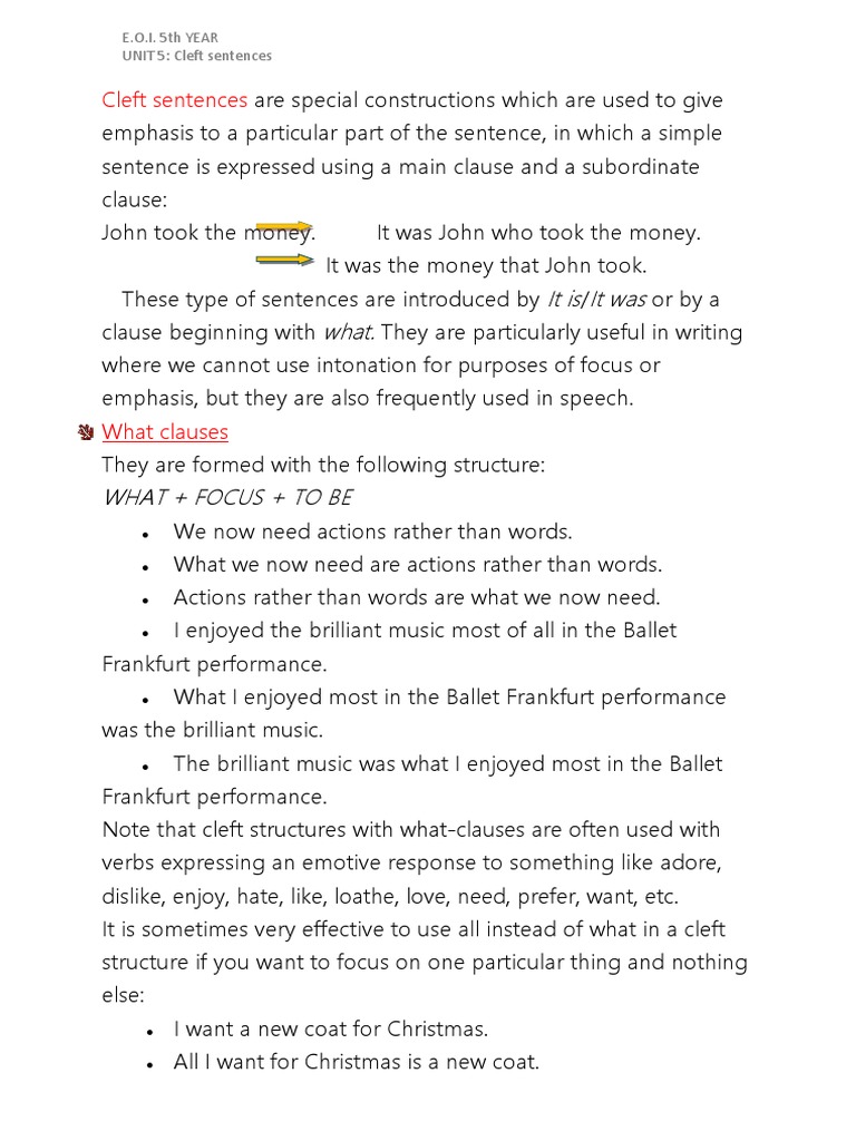Cleft Sentences: Exercises & Examples | PDF | Clause | Sentence ...