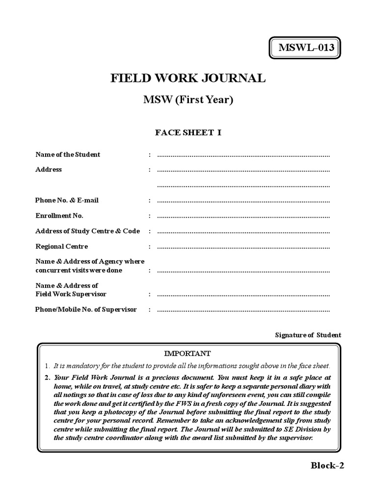 Block2 Field Work Journal PDF Social Work Academic Degree